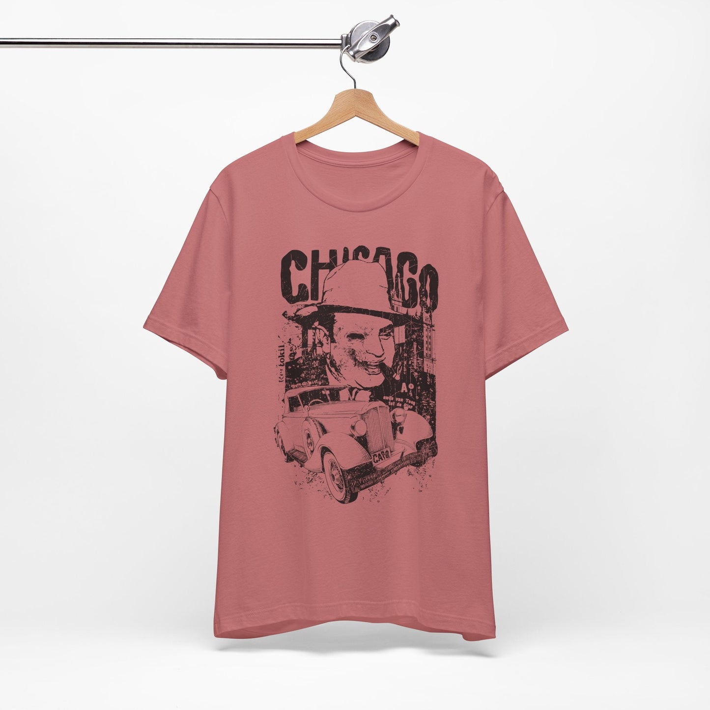 Chicago Retro Mobster Illustration Tee Vintage Car Cityscape Art Design T-Shirt A-8