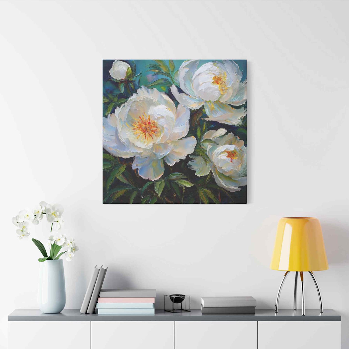 White Peonies Print Canvas, Floral Oil Paint Print 20x20, 24x24, 30x30, 32x32, 36x36 Art Design Pine-Wood Inner Frame MC-119