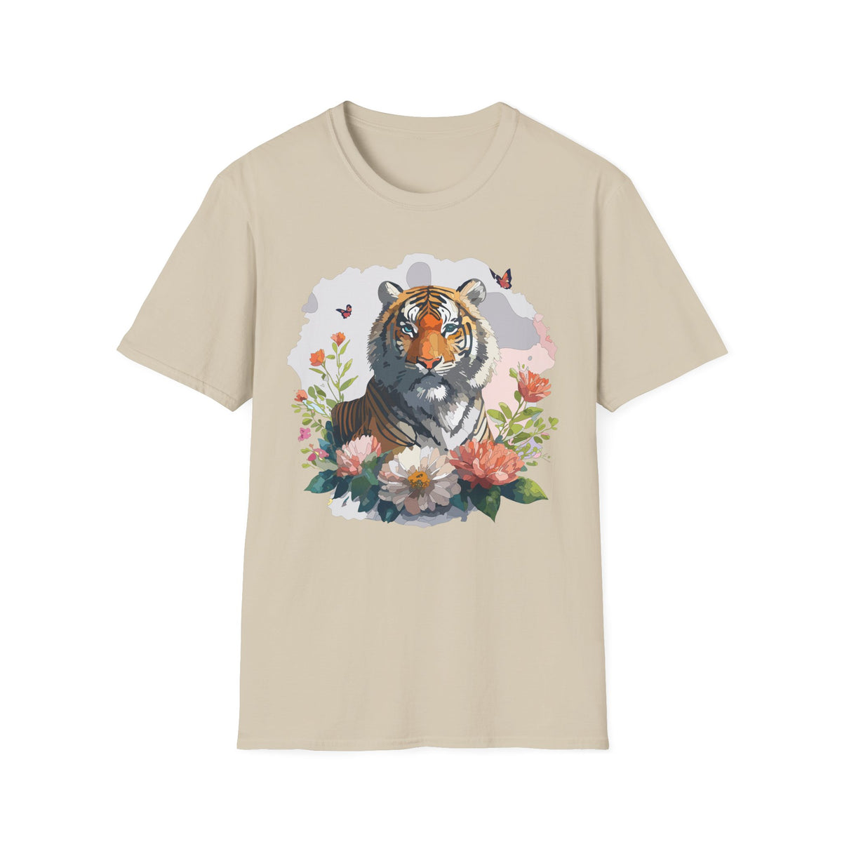 Floral Tiger Illustration T-Shirt | Tiger Portrait Tee, Butterfly Accents