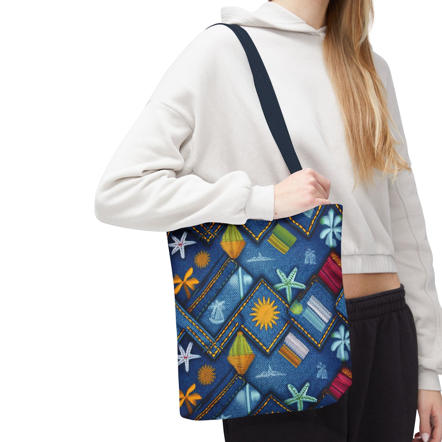 Denim Fabric Imitation Print Unisex Canvas Bag Poly Spun 3 Sizes Tote Bag 182-2