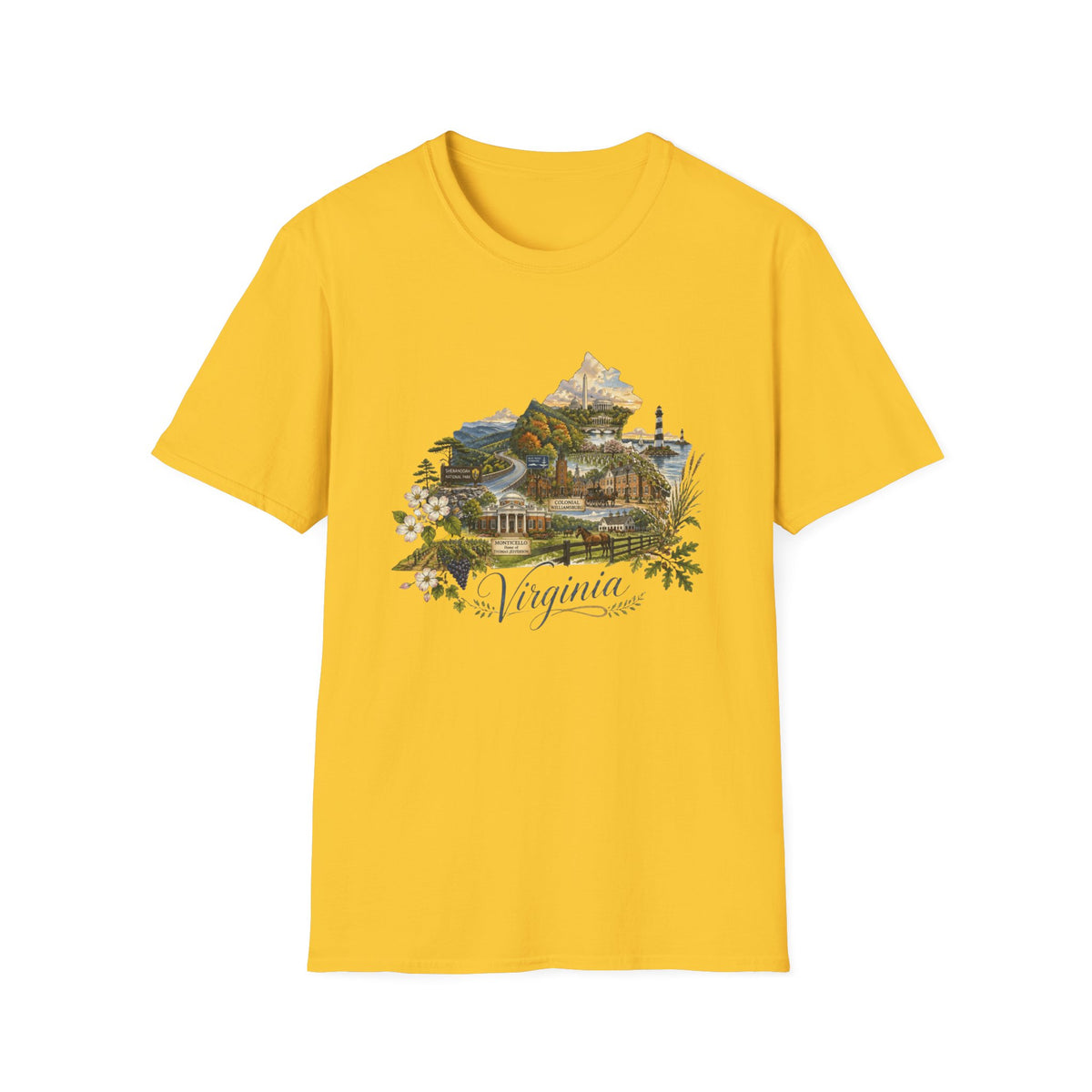 Virginia State Scenic T-Shirt — Vintage Mountains & Coastal Landmarks Travel Tourist Graphic Design Unisex 100 Cotton Gildan T-Shirt