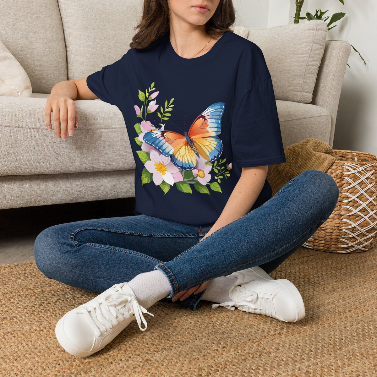 Butterfly Floral T-Shirt — Watercolor Orange & Blue Butterfly on Blossoms Graphic Design Unisex 100 Cotton Gildan T-Shirt