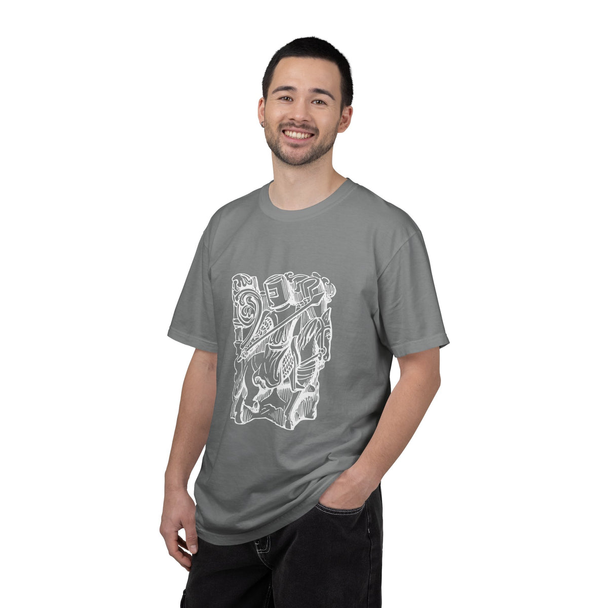 Unisex Cotton Garment Dyed T-Shirt with Knight Graphic Design