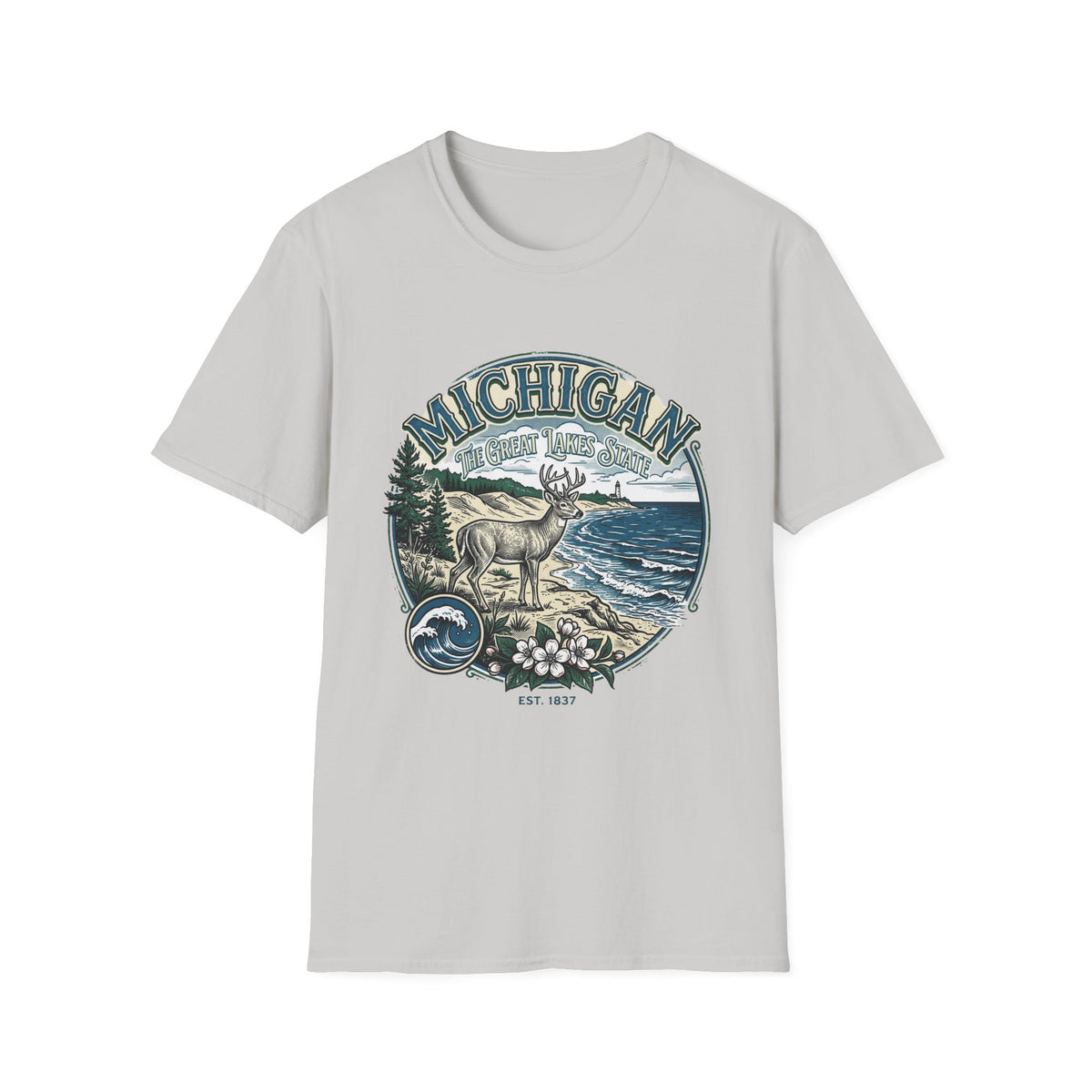 Michigan Deer Scenic T-Shirt — Vintage Great Lakes Travel Tourist Graphic Design Unisex 100 Cotton Gildan T-Shirt
