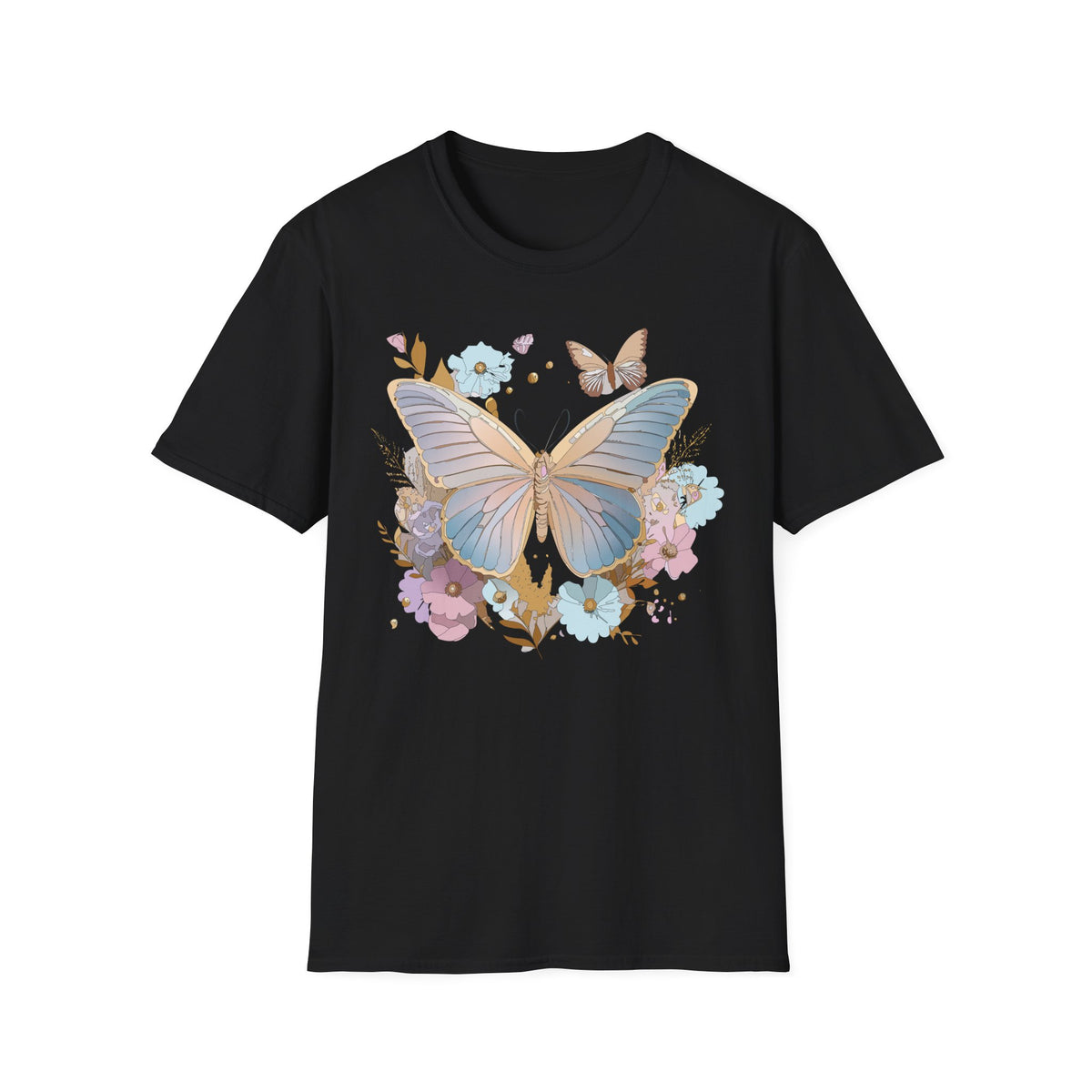 Butterfly Bloom T-Shirt — Pastel Floral Butterfly Graphic Design Unisex 100 Cotton Gildan T-Shirt