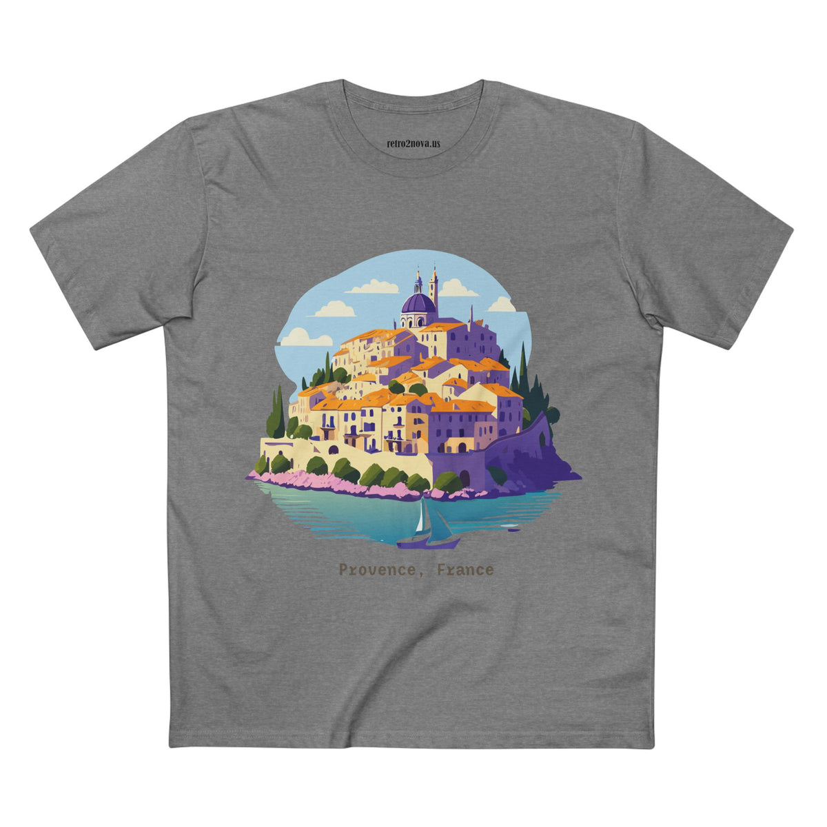 Provence France Village Illustration T-Shirt | Coastal Sailboat Scenic Tee