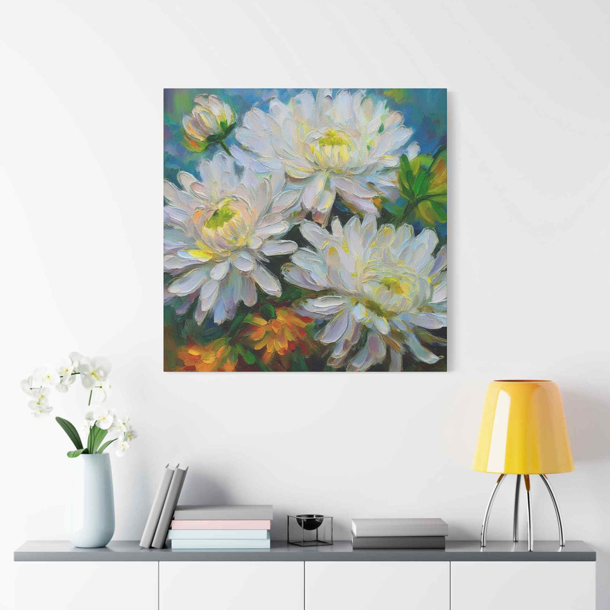 Chrysanthemums Print Canvas, Floral Oil Paint Print 20x20, 24x24, 30x30, 32x32, 36x36 Art Design Pine-Wood Inner Frame MC-161