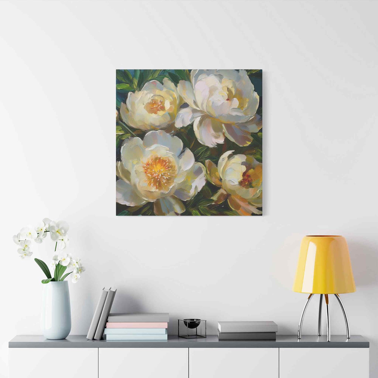 Cream Peonies Print Canvas, Floral Oil Paint Print 20x20, 24x24, 30x30, 32x32, 36x36 Art Design Pine-Wood Inner Frame MC-124