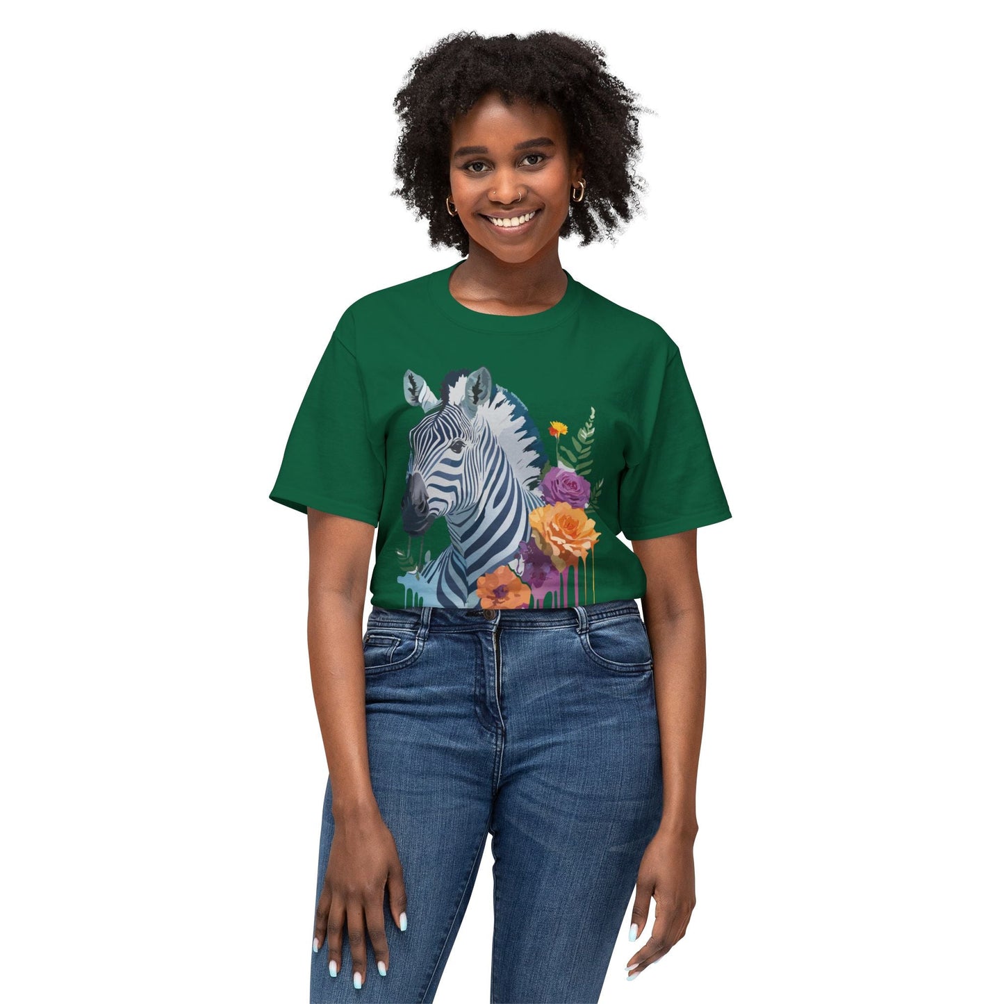 Unisex Zebra T Shirt With Floral Art Print Premium HD Cotton Jersey Tee Made In USA