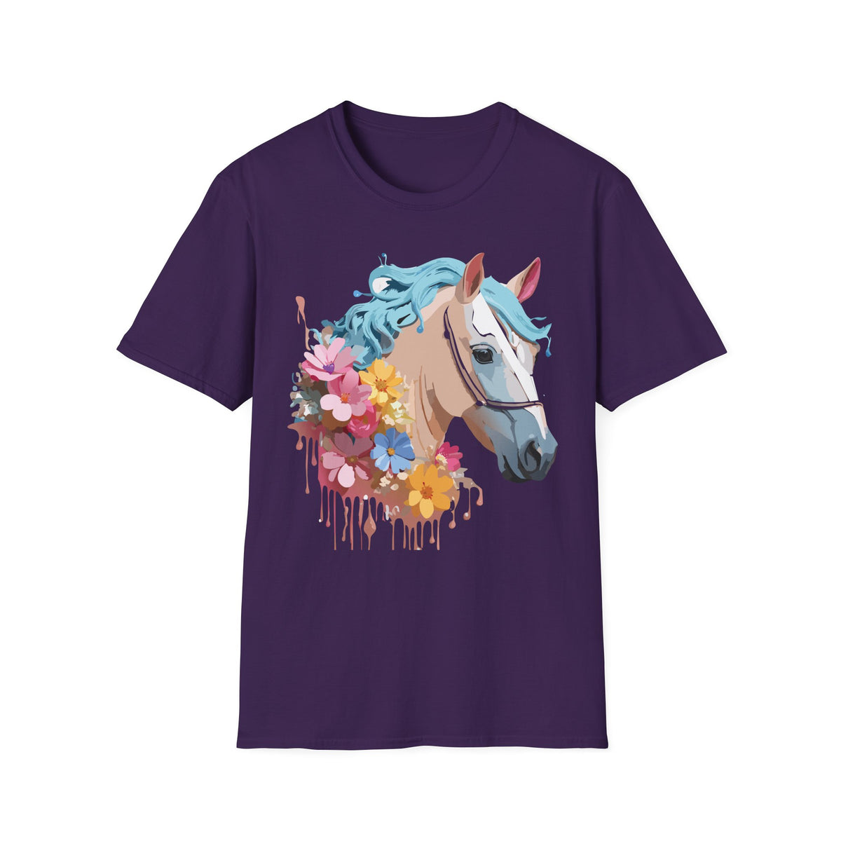 Floral Horse Illustration T-Shirt | Pastel Blue Mane, Watercolor Flowers
