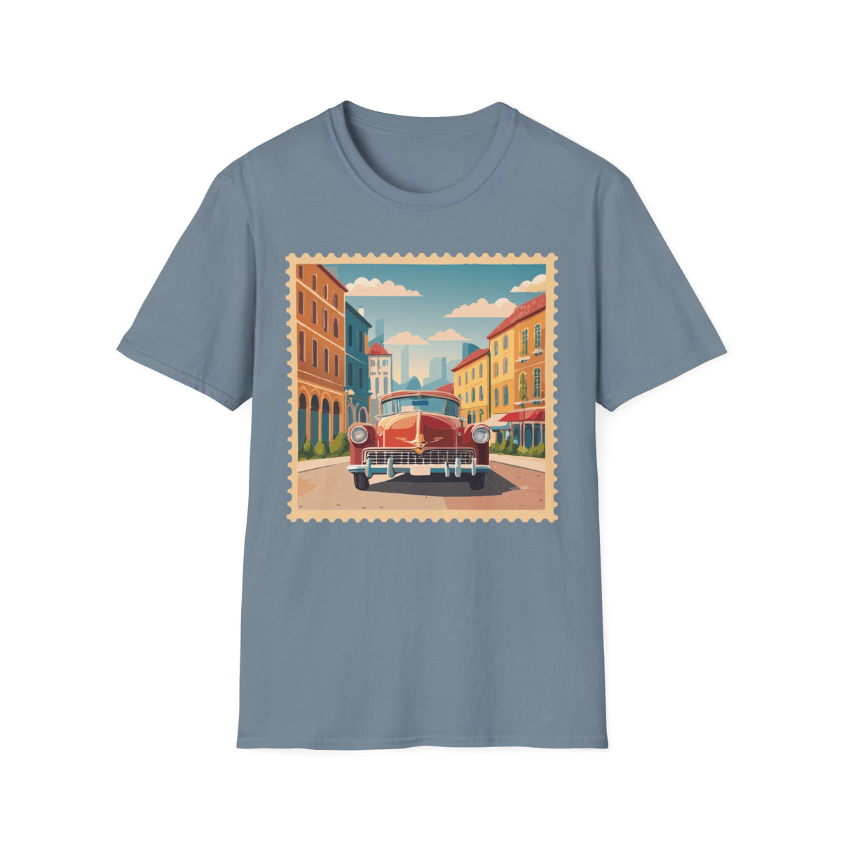 Vintage Cityscape Stamp T-Shirt | Retro Car Street Graphic Tee Unisex 100 Cotton Gildan T-Shirt