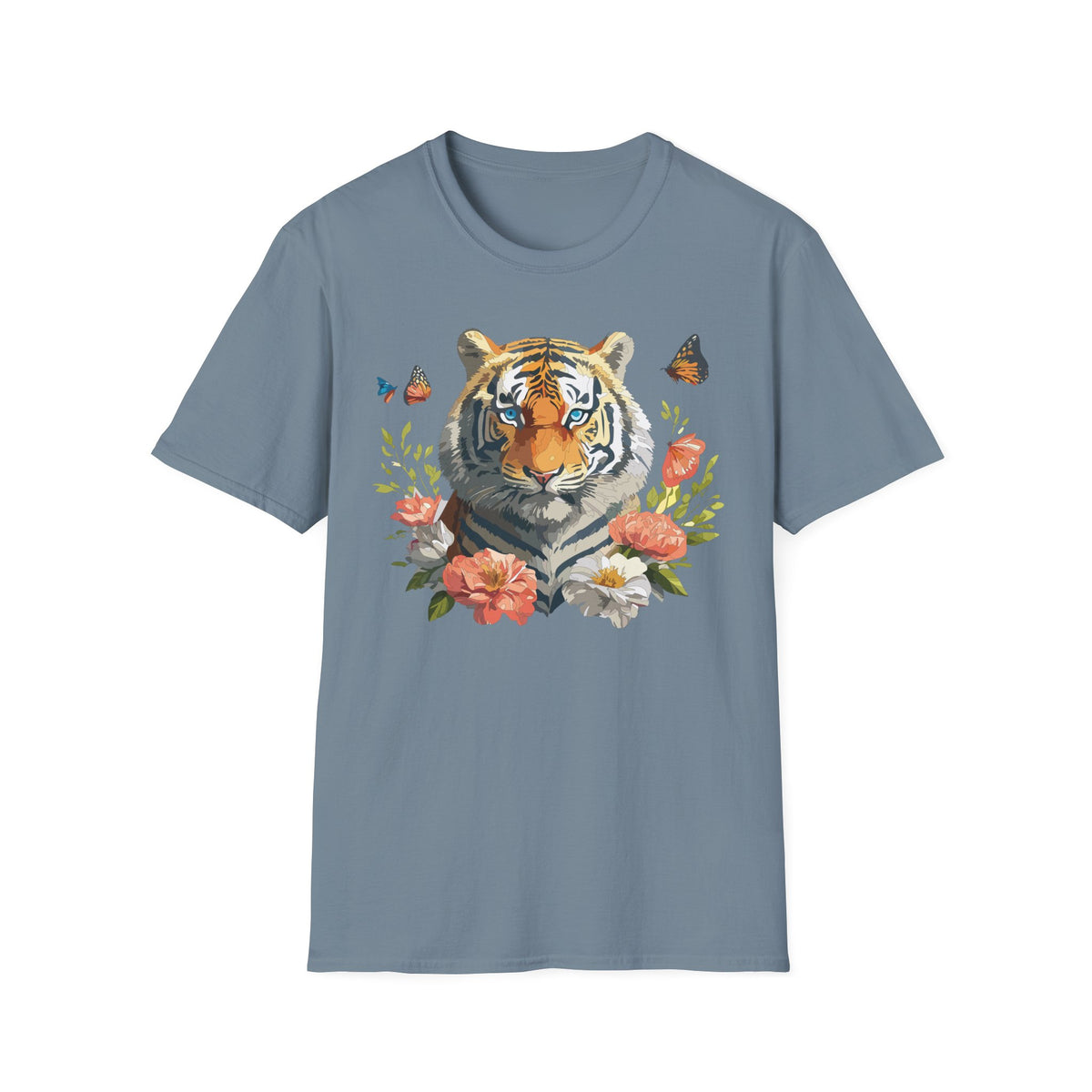 Floral Tiger Portrait T-Shirt | Watercolor Big Cat with Butterflies