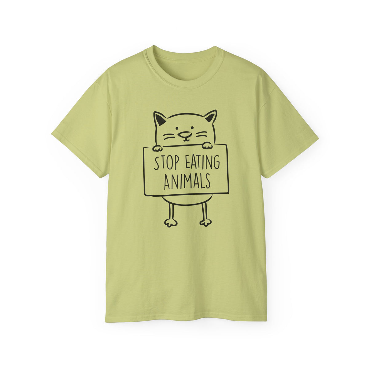 Cat Holding Sign Stop Eating Animals T-Shirt | Vegan Animal Rights Tee
