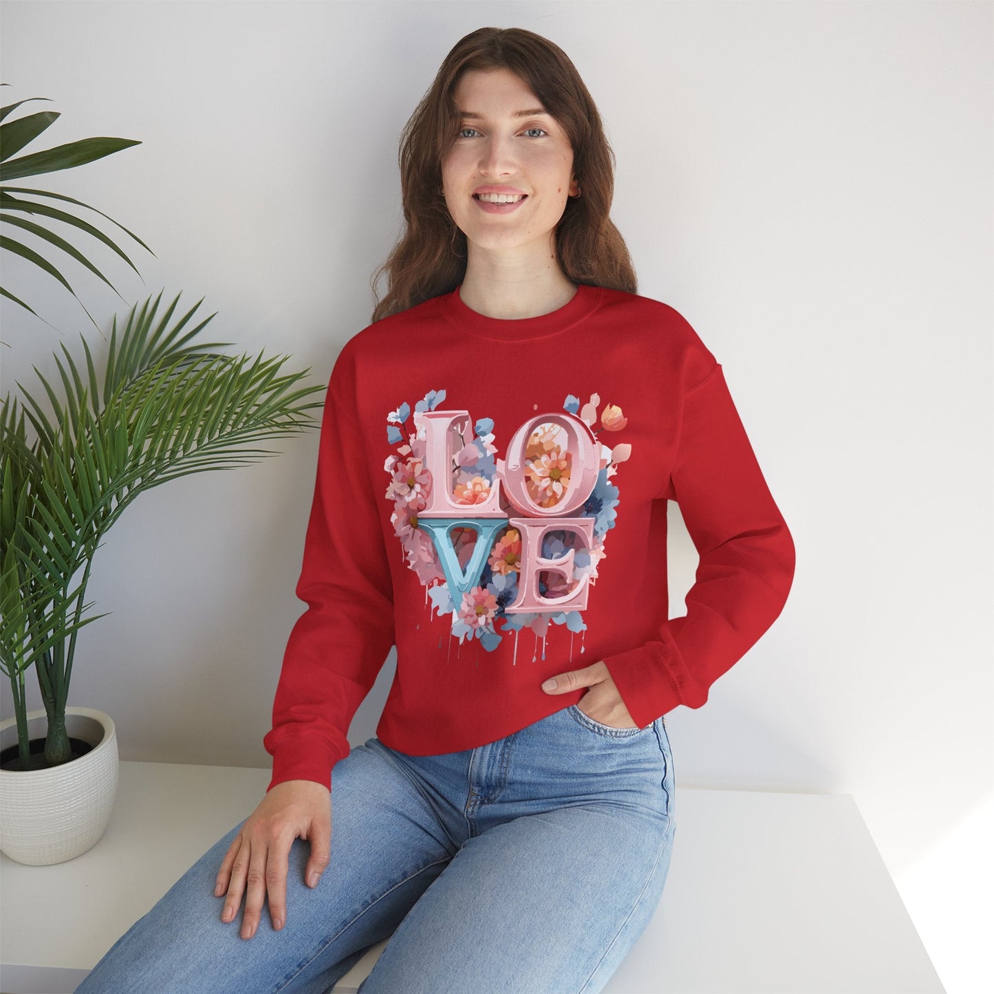 Floral Love Sweatshirt Valentines Day Unisex Heavy Blend Crewneck Gildan 18000 Cotton Polyester