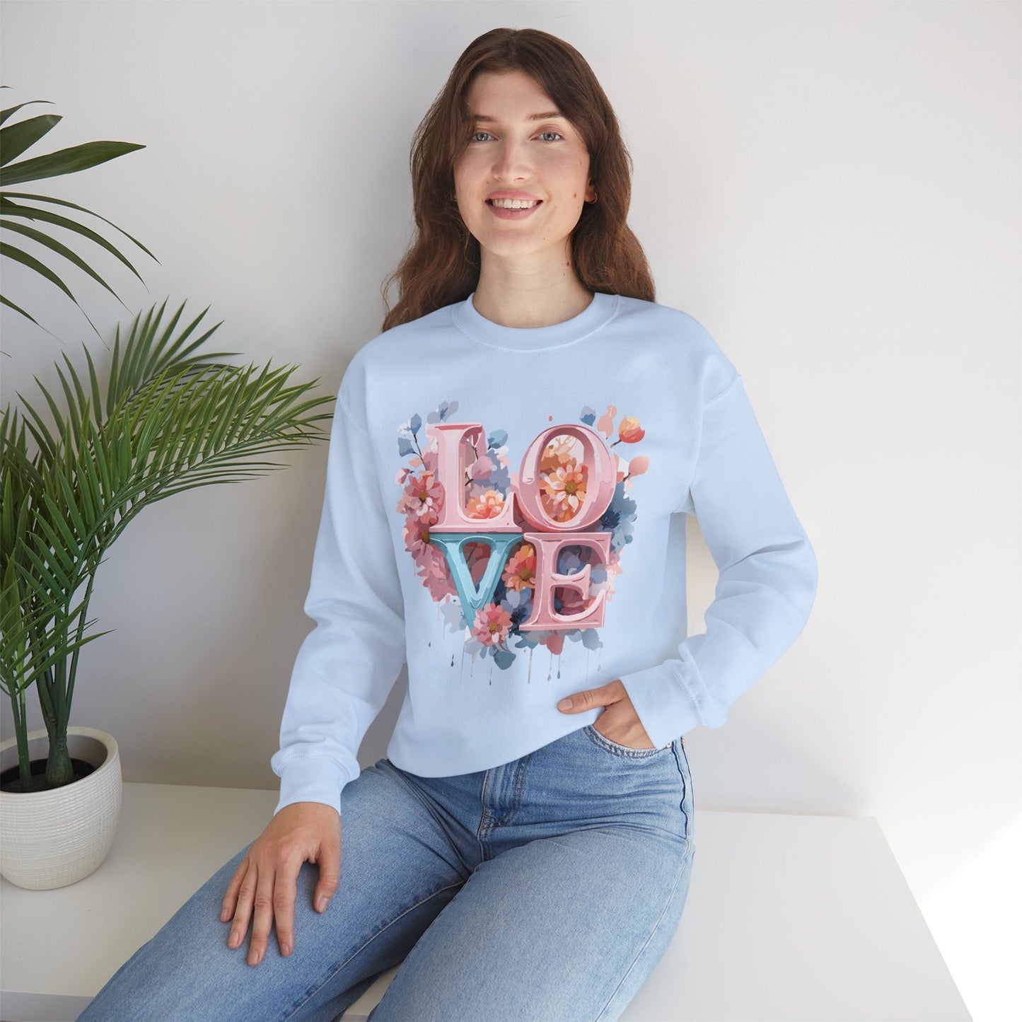 Floral Love Sweatshirt Valentines Day Unisex Heavy Blend Crewneck Gildan 18000 Cotton Polyester