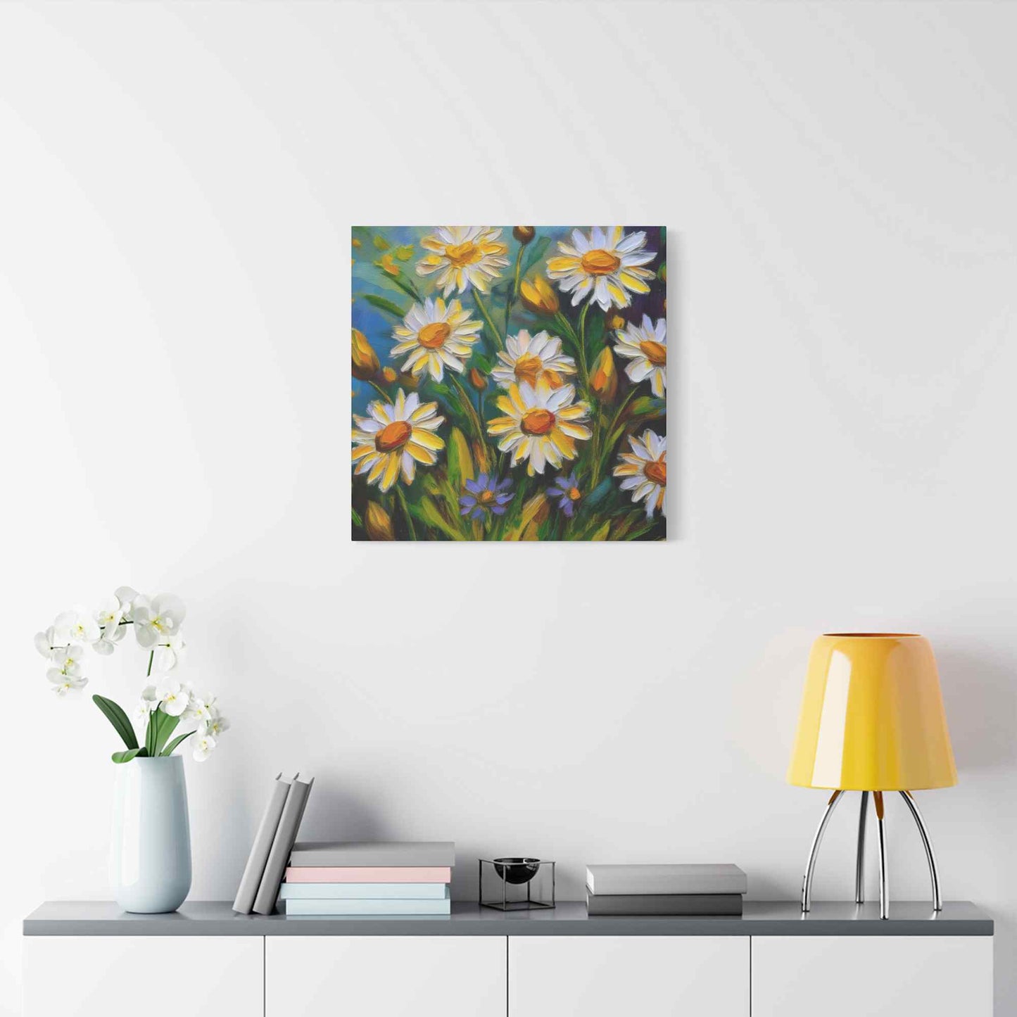 White Daisies Print Canvas, Floral Oil Paint Print 20x20, 24x24, 30x30, 32x32, 36x36 Art Design Pine-Wood Inner Frame MC-127