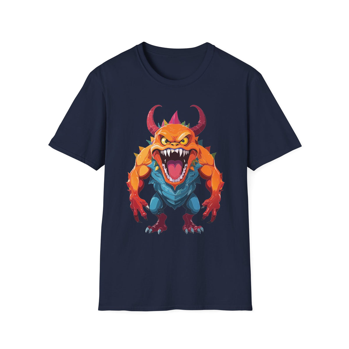 Monster Graphic T-Shirt — Fierce Orange Demon Design Cartoon Graphic Tee Unisex 100 Cotton Gildan T-Shirt