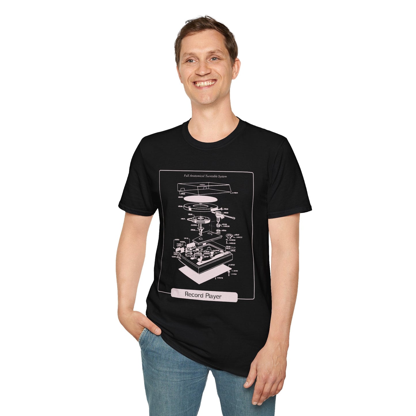 Record Player Blueprint T-Shirt Unisex Cotton Retro Vinyl Turntable Diagram Tee
