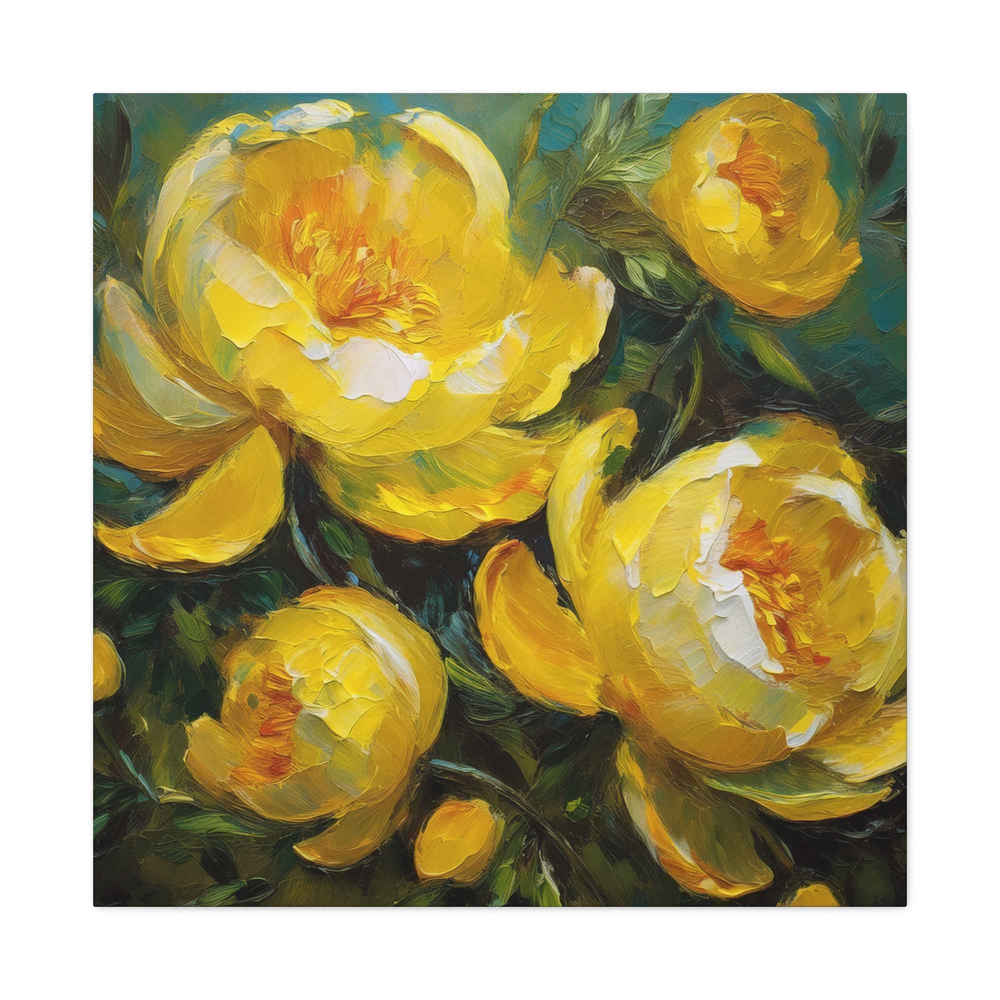 Yellow Peonies Print Canvas, Floral Oil Paint Print 20x20, 24x24, 30x30, 32x32, 36x36 Art Design Pine-Wood Inner Frame MC-122