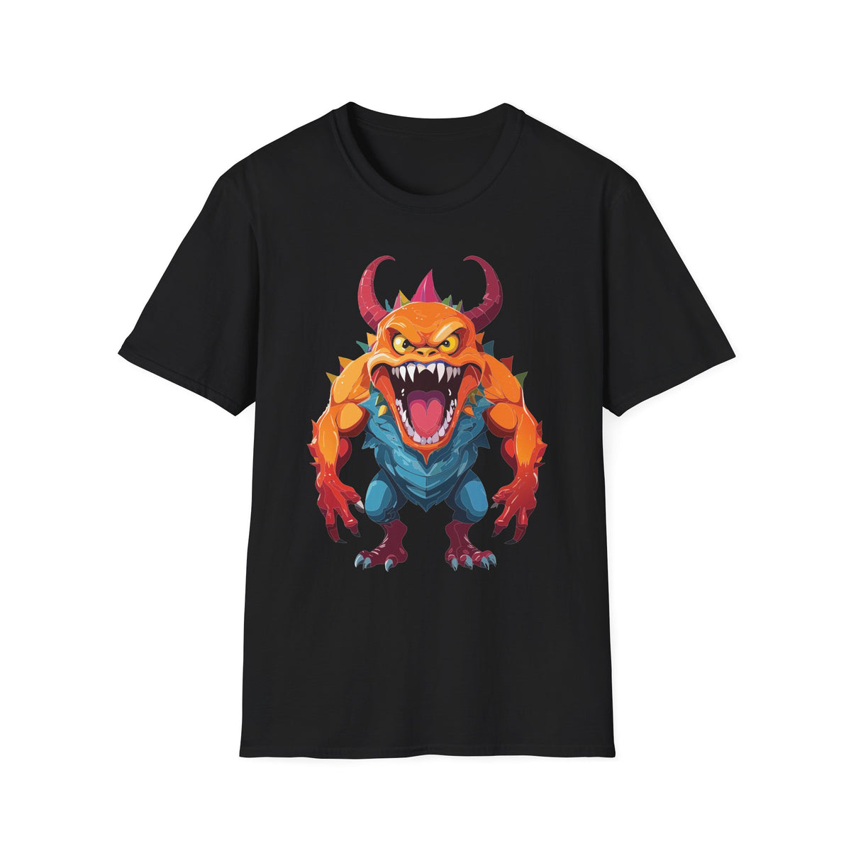 Monster Graphic T-Shirt — Fierce Orange Demon Design Cartoon Graphic Tee Unisex 100 Cotton Gildan T-Shirt