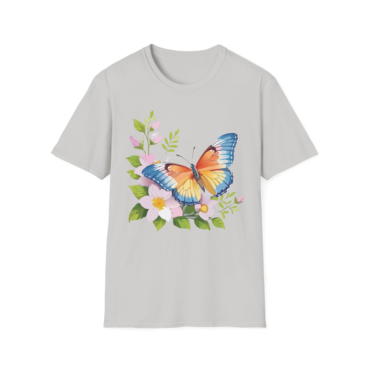 Butterfly Floral T-Shirt — Watercolor Orange & Blue Butterfly on Blossoms Graphic Design Unisex 100 Cotton Gildan T-Shirt