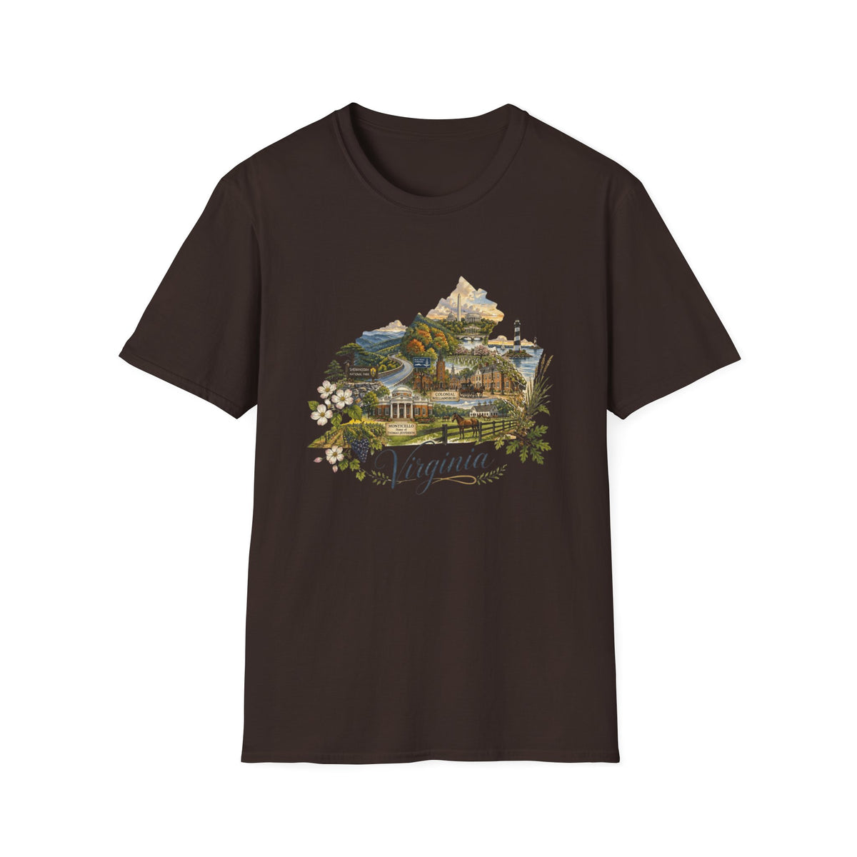 Virginia State Scenic T-Shirt — Vintage Mountains & Coastal Landmarks Travel Tourist Graphic Design Unisex 100 Cotton Gildan T-Shirt