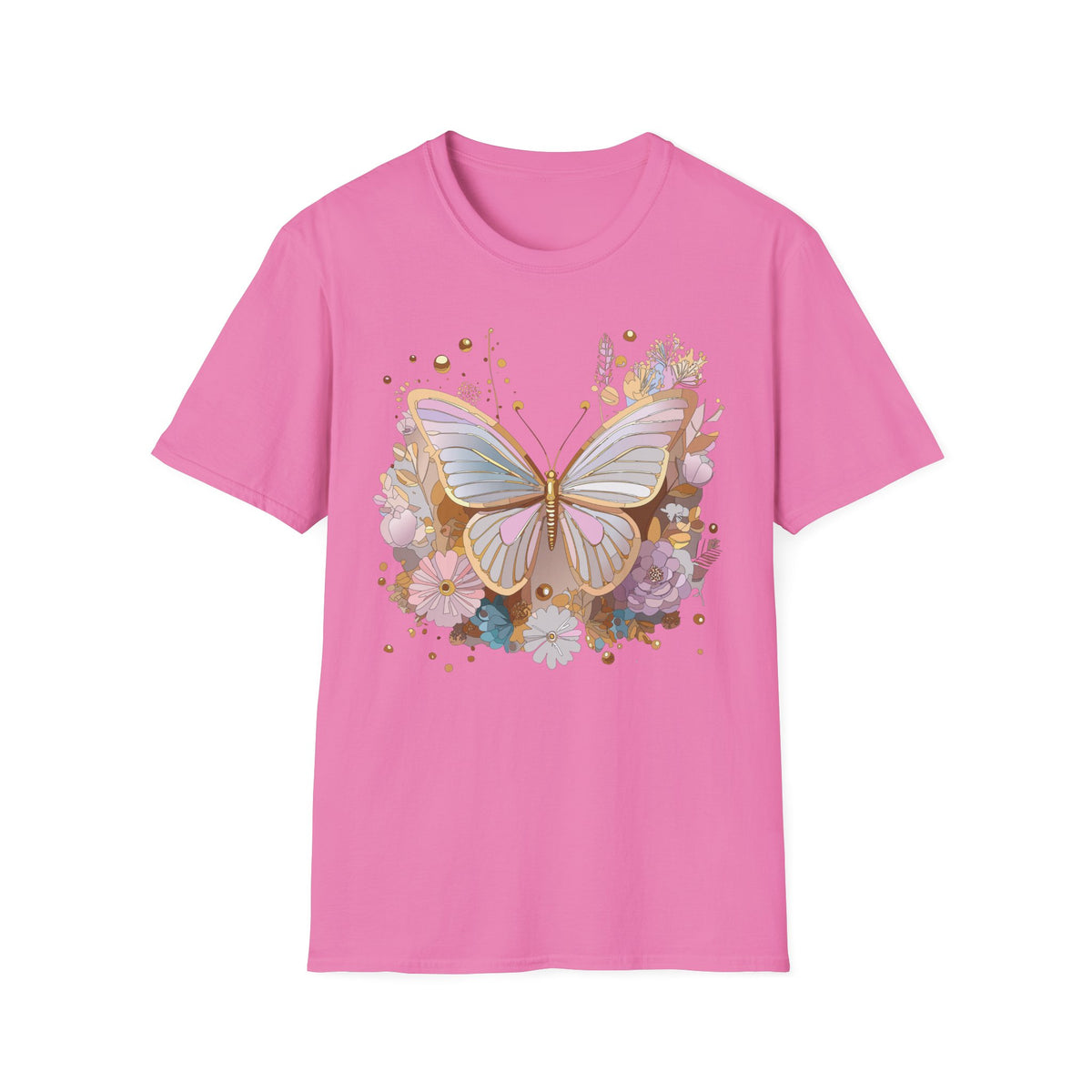 Pastel Butterfly Floral T-Shirt — Gold Accent Butterfly Graphic Design Unisex 100 Cotton Gildan T-Shirt