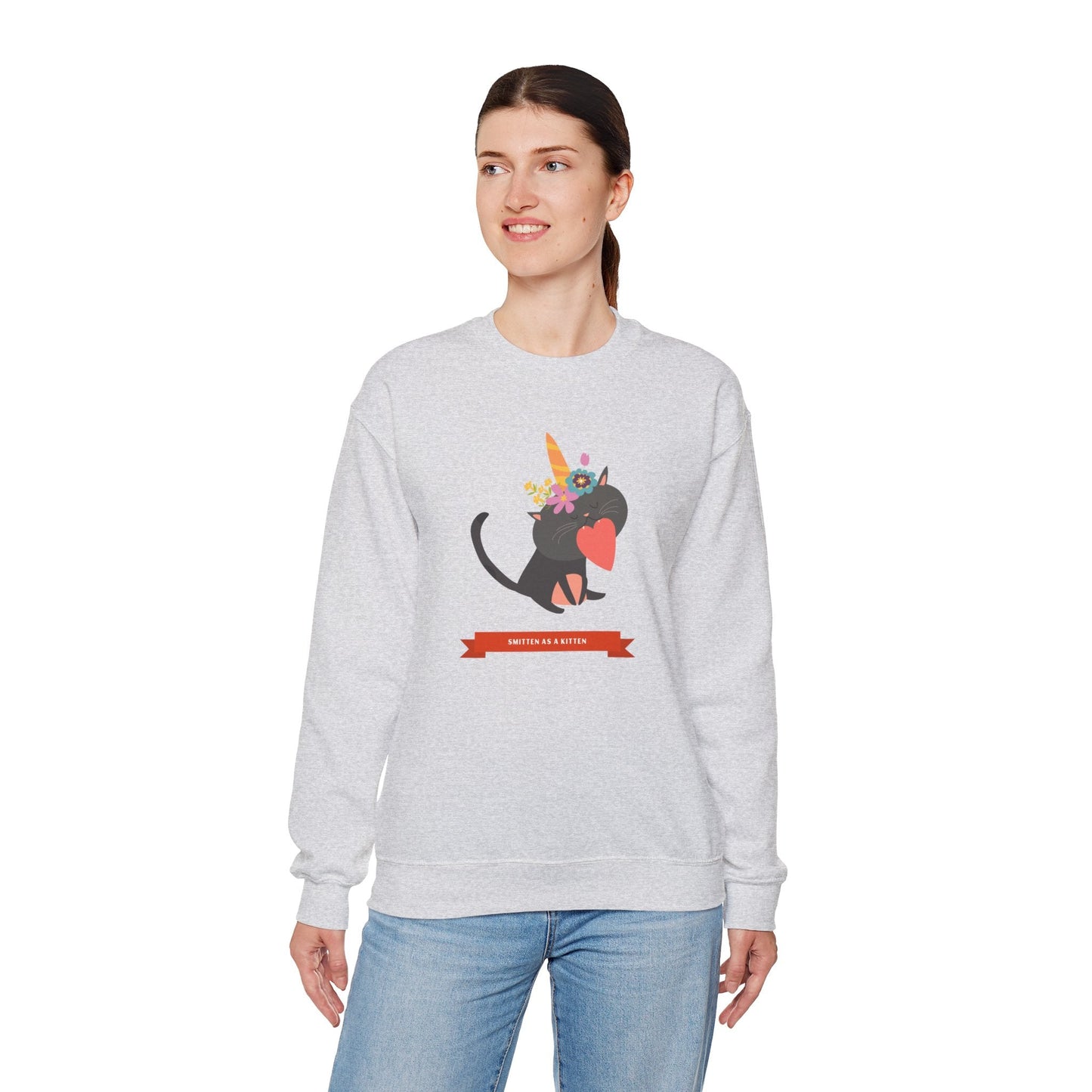 Cat Heart Sweatshirt Unisex Valentine Gift 50/50 Cotton-Poly Crewneck Gildan 18000