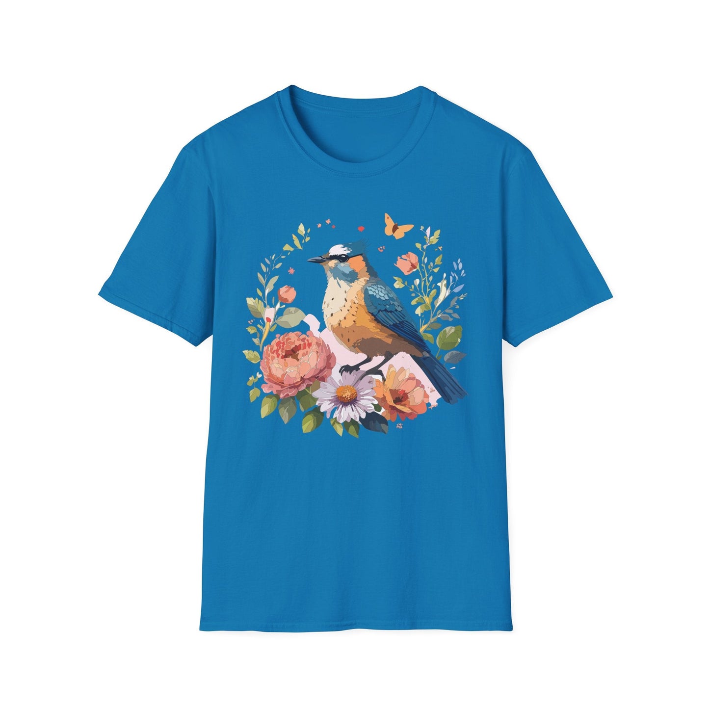 Floral Bird T Shirt Unisex Softstyle Gildan 64000 Tee 100 Percent Ring Spun Cotton