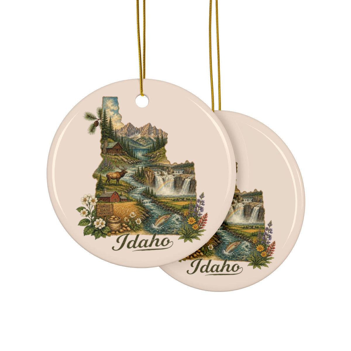 Idaho State Map Illustration Ceramic Ornament | Double-Sided Round Ornament - 2.99" Includes Gold String
