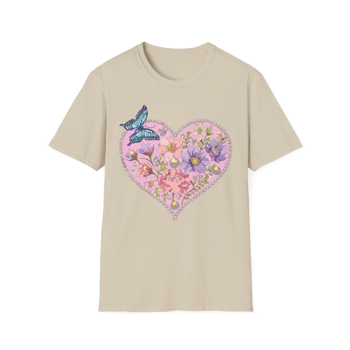 Floral Heart with Butterfly T-Shirt | Botanical Heart Graphic Tee Unisex 100 Cotton Gildan T-Shirt