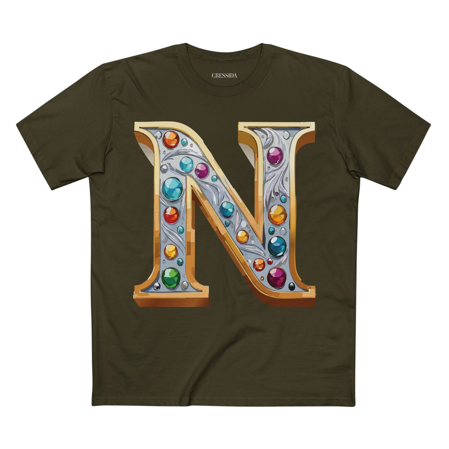 Letter N Graphic Design Tee Unisex 100 Cotton With Antique Gold Letters Artwork T-Shirt