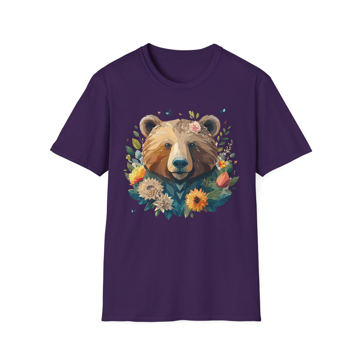 Floral Bear Illustration T-Shirt | Bear Face with Flowers