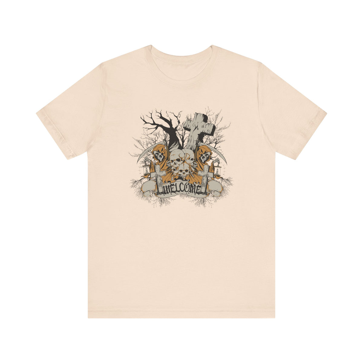 Skull Graveyard Welcome Tee Halloween Haunted Tree Cross Tombstone Unisex Cotton Art-50