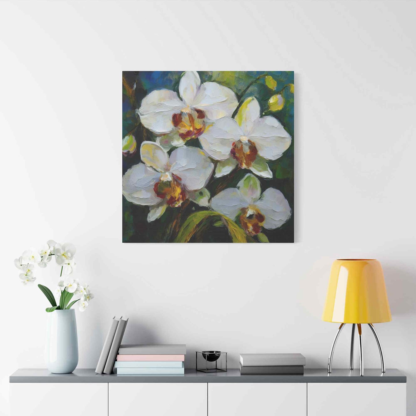 White Orchids Print Canvas, Floral Oil Paint Print 20x20, 24x24, 30x30, 32x32, 36x36 Art Design Pine-Wood Inner Frame MC-136