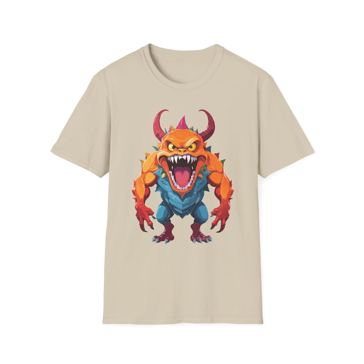 Monster Graphic T-Shirt — Fierce Orange Demon Design Cartoon Graphic Tee Unisex 100 Cotton Gildan T-Shirt