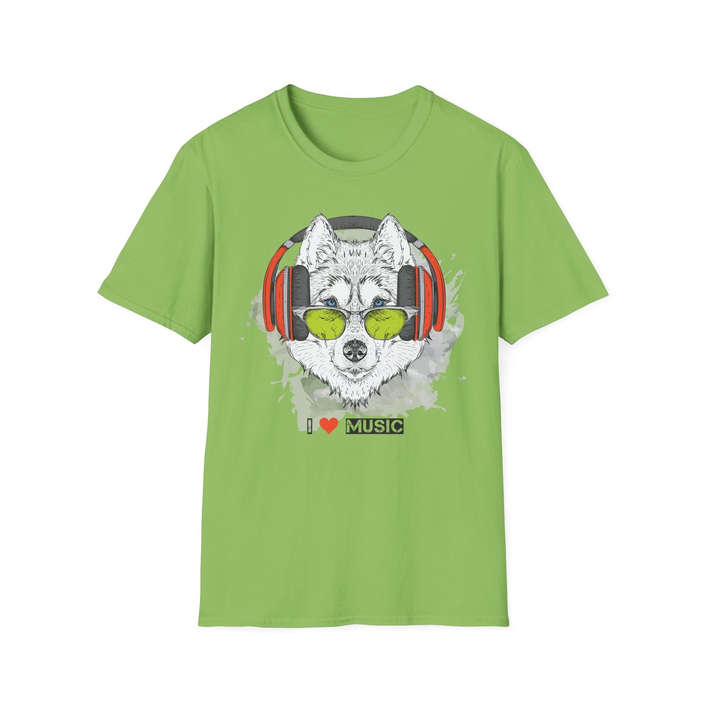 Wolf with Headphones T-Shirt Unisex Cotton Short Sleeves 'I  Music' Graphic Tee
