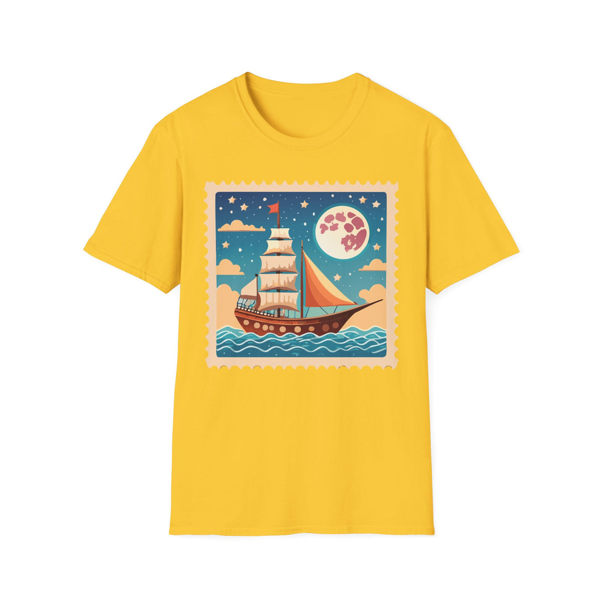 Sailboat Night Scene T-Shirt | Retro Nautical Moon Illustration