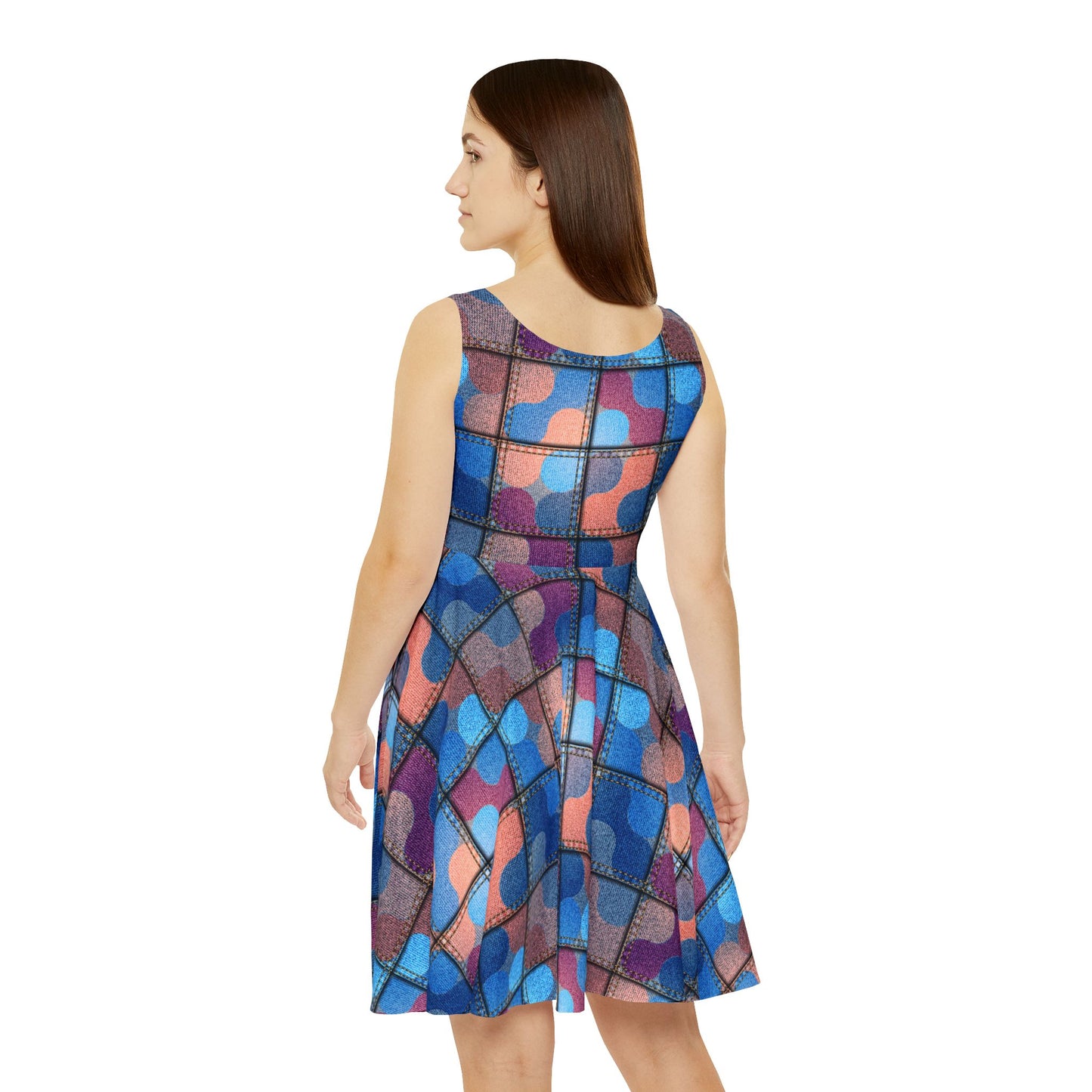 Women Denim Print Skater Dress, Denim Print Poly-Span Dress - 16