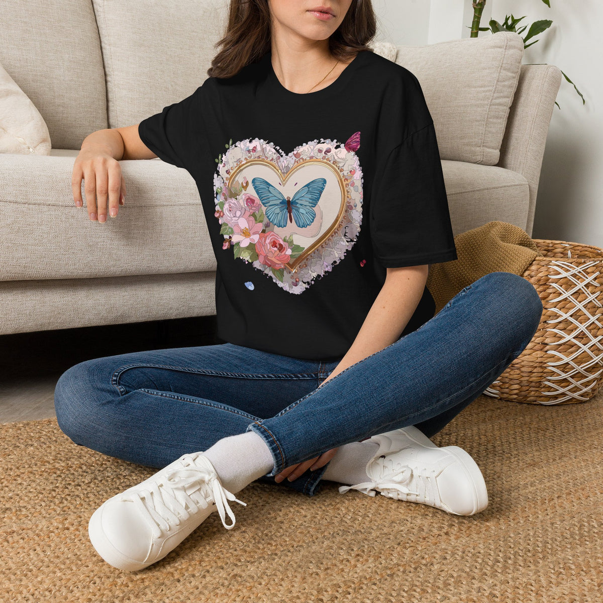 Butterfly Heart T-Shirt — Floral Blue Butterfly Graphic Tee Unisex 100 Cotton Gildan T-Shirt