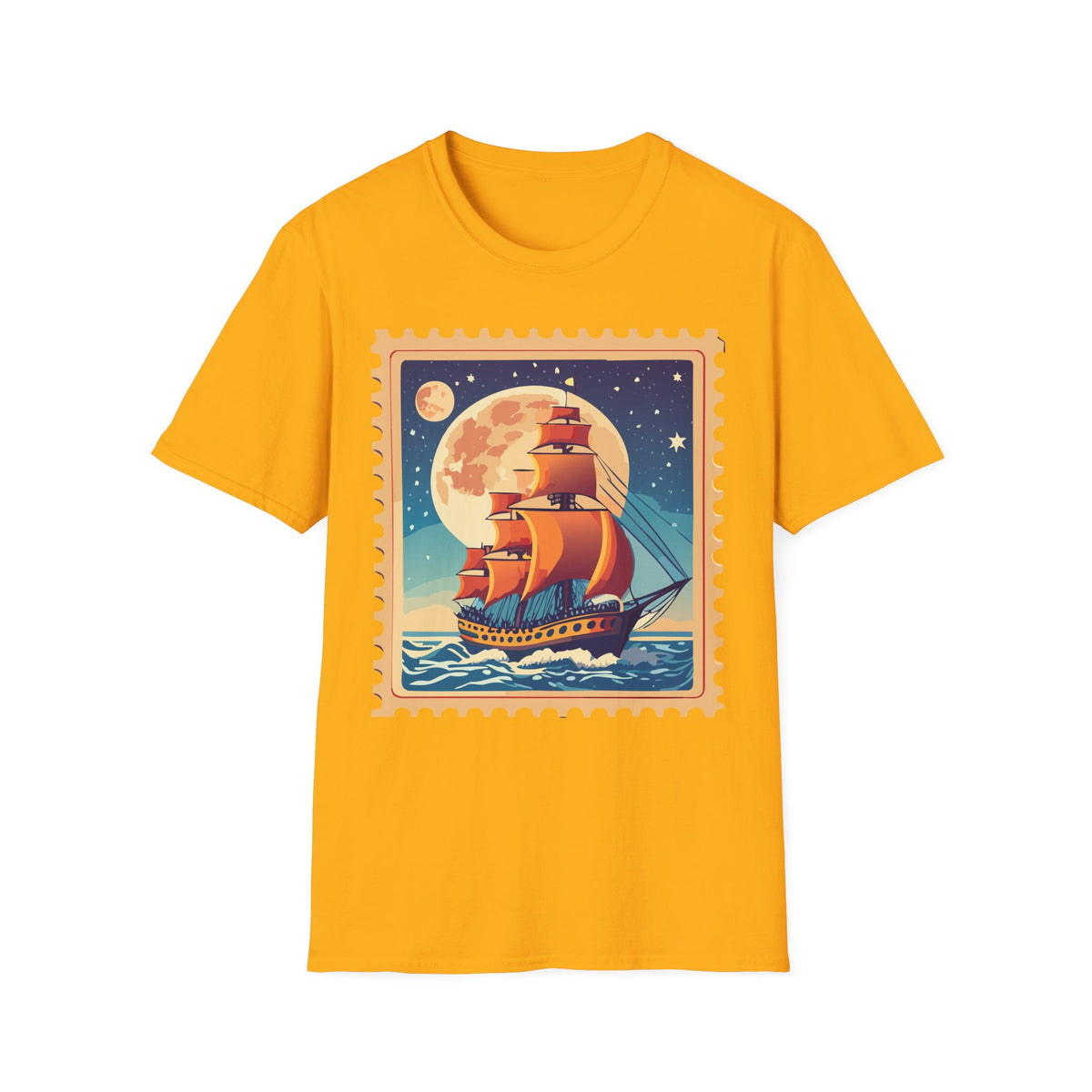 Vintage Sailing Ship T‑Shirt — Nautical Stamp Moonlight Travel Post Graphic Design Unisex 100 Cotton Gildan T-Shirt