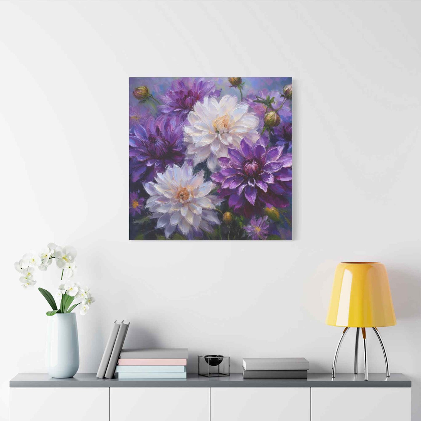 Dahlias Floral Print Canvas, Floral Oil Paint Print 20x20, 24x24, 30x30, 32x32, 36x36 Art Design Pine-Wood Inner Frame MC-171