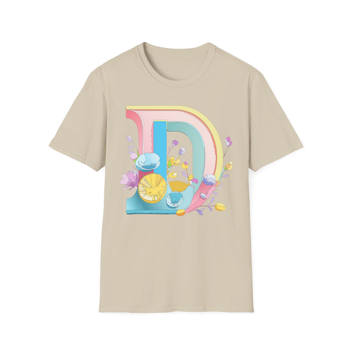 Retro Rainbow Letter D T-Shirt | Floral Lemon Initial Graphic