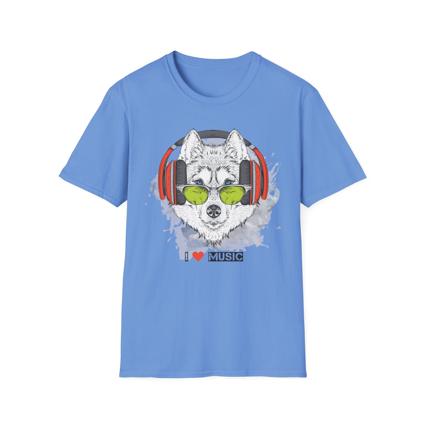 Wolf with Headphones T-Shirt Unisex Cotton Short Sleeves 'I  Music' Graphic Tee