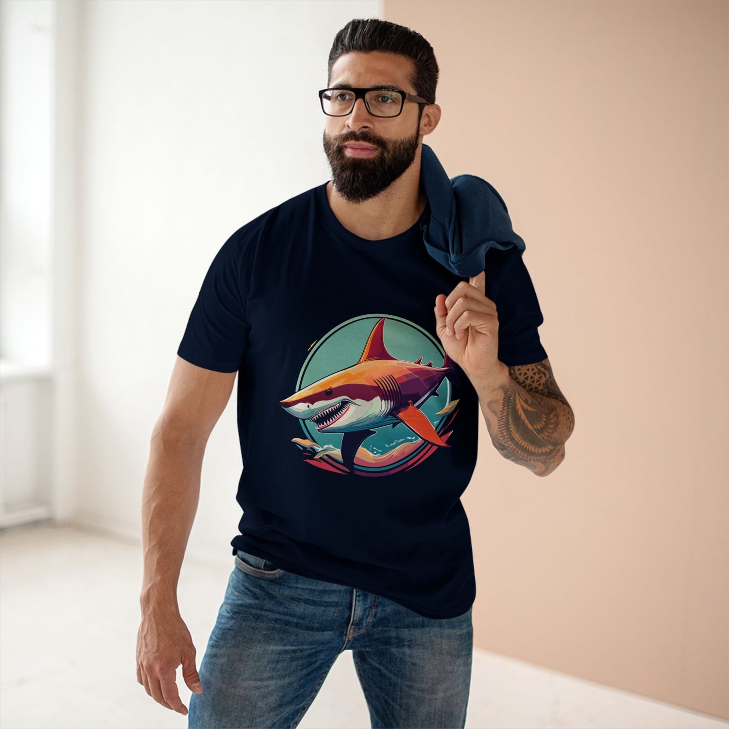 Unisex Animals Shark Shirt Premium Cotton Staple Tee With Original Art Design By Retro2Nova From Exclusive Art Collection