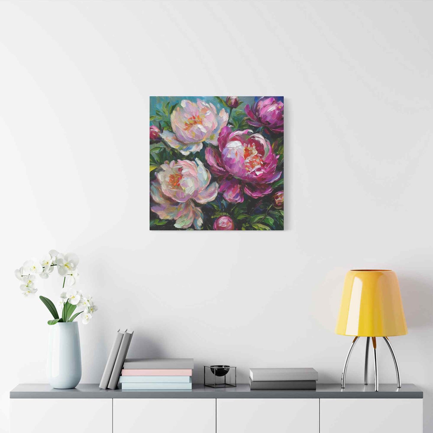 Pink Peonies Print Canvas, Floral Oil Paint Print 20x20, 24x24, 30x30, 32x32, 36x36 Art Design Pine-Wood Inner Frame MC-115