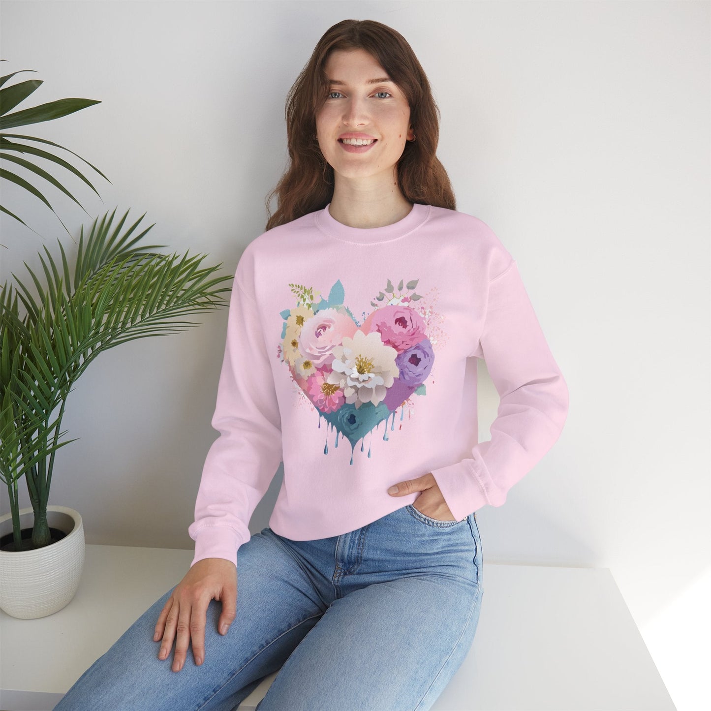 Floral Heart Unisex Crewneck Sweatshirt With Floral Love Valentines Day Design Premium Heavy Blend