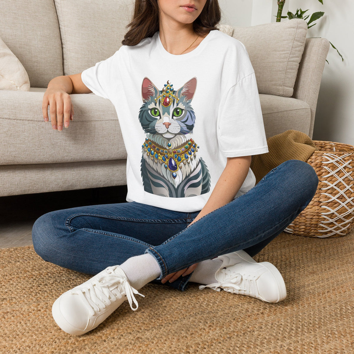 Regal Cat with Jewel Crown T-Shirt | Royal Tabby Illustration