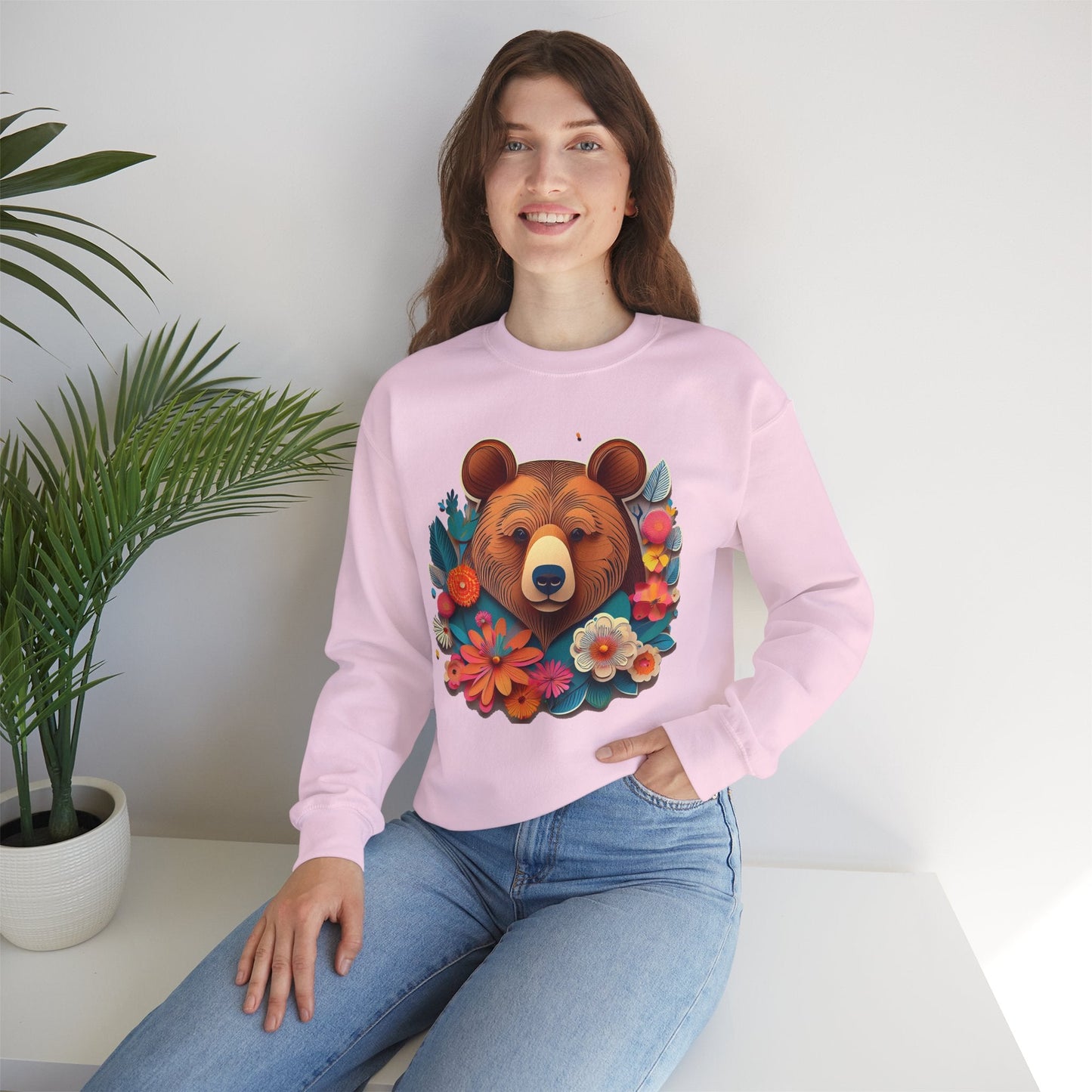 Unisex Floral Bear Sweatshirt Art Design Gildan 18000 Heavy Blend Crewneck