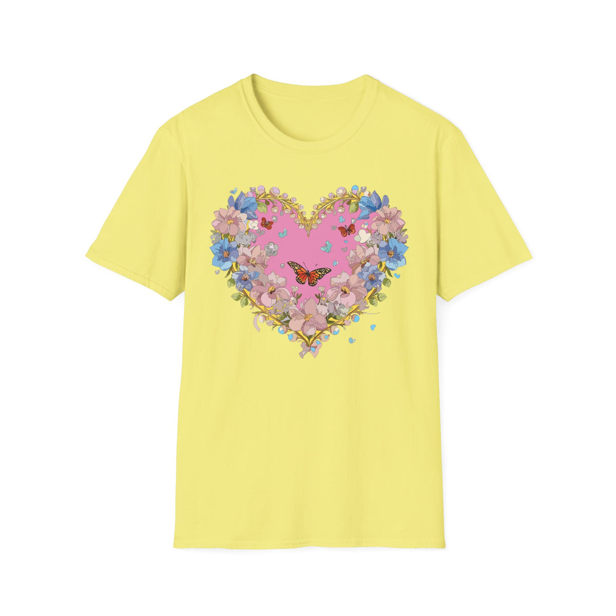 Floral Heart with Butterfly T-Shirt | Pink Bloom Love Graphic Tee Unisex 100 Cotton Gildan T-Shirt